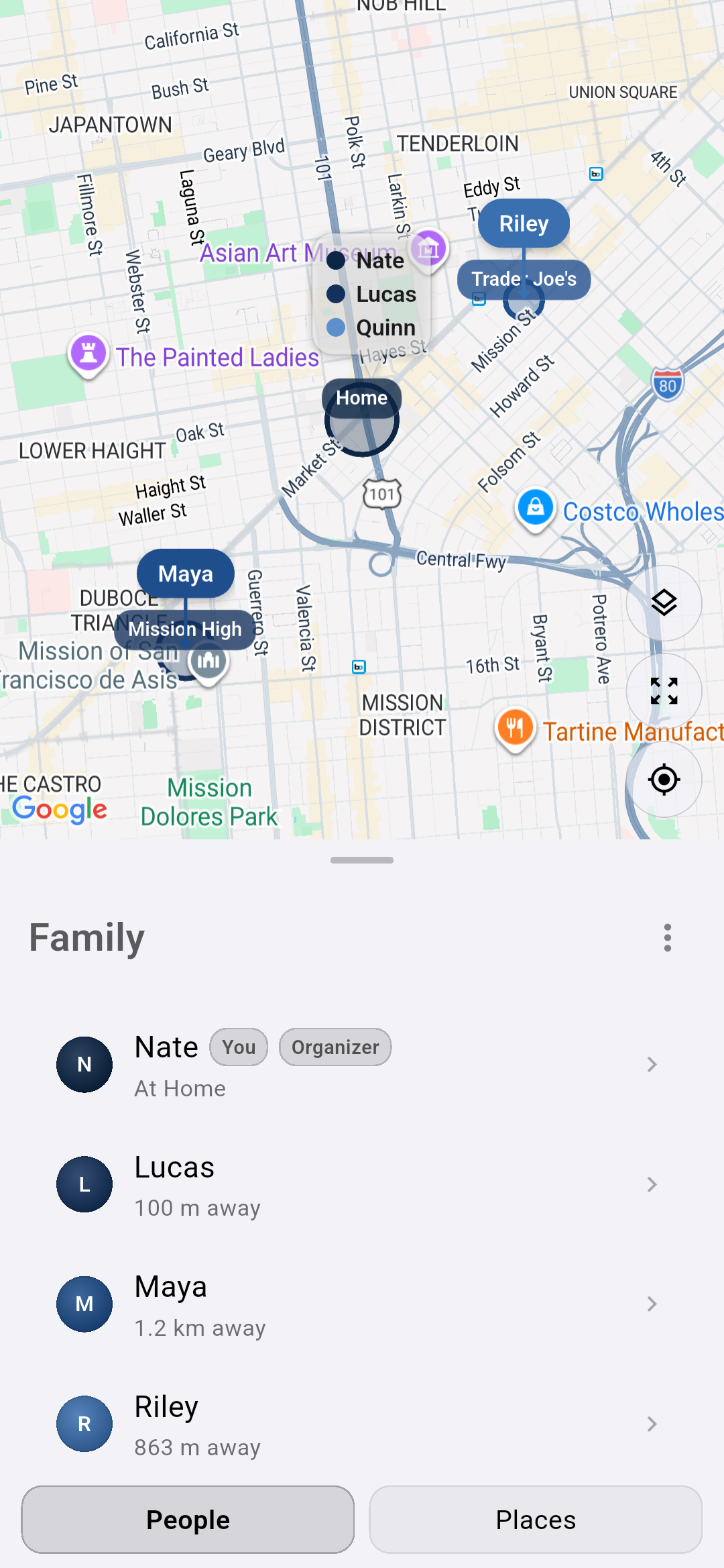 The same Mylo family map on Android