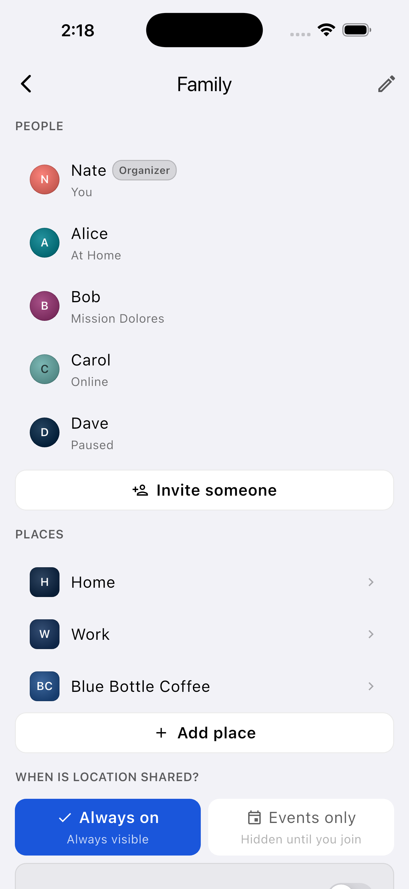 Mylo group settings showing members and places