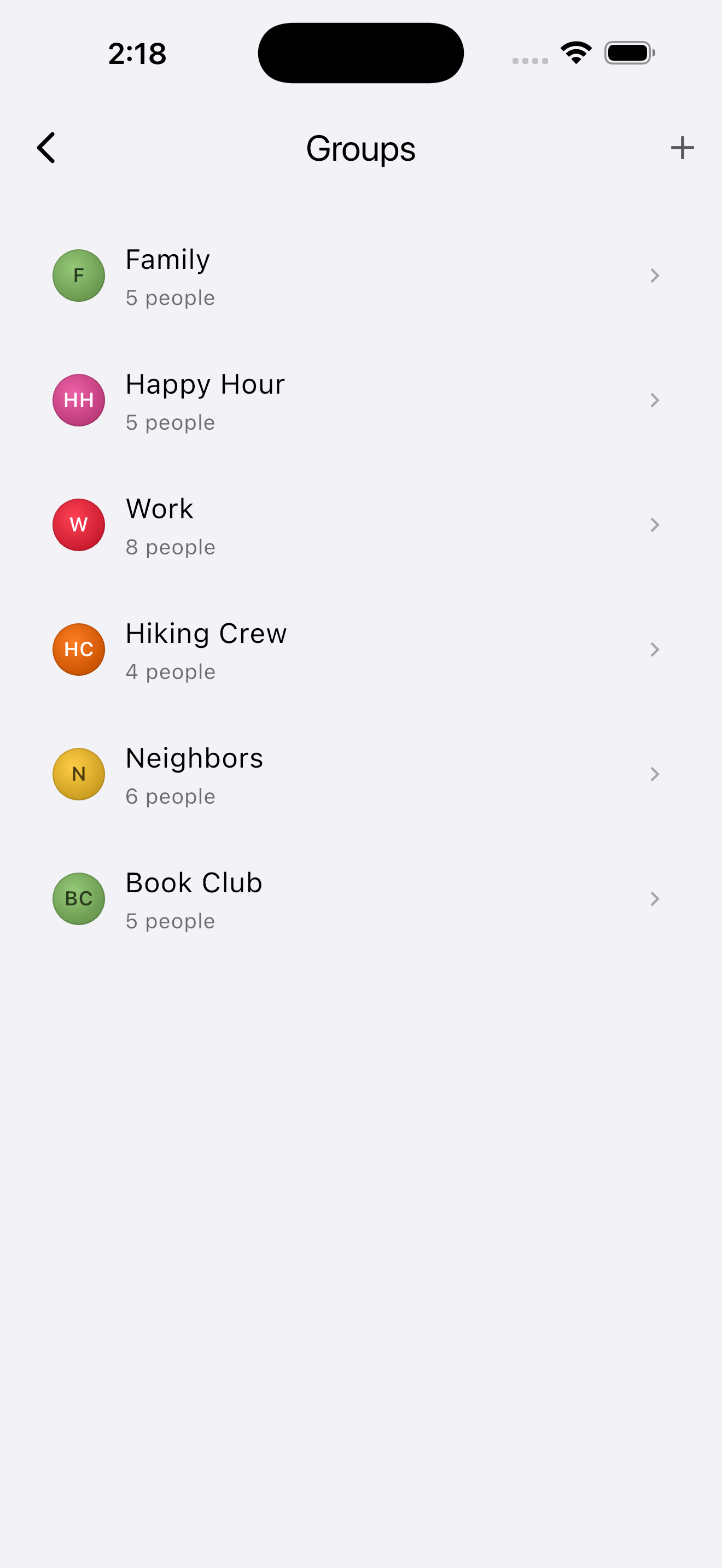 Mylo groups list showing six separate groups