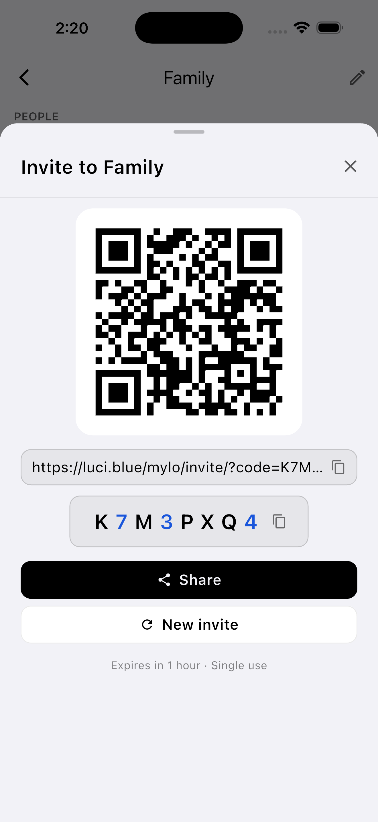 Mylo invite sheet with QR code, link, and short code