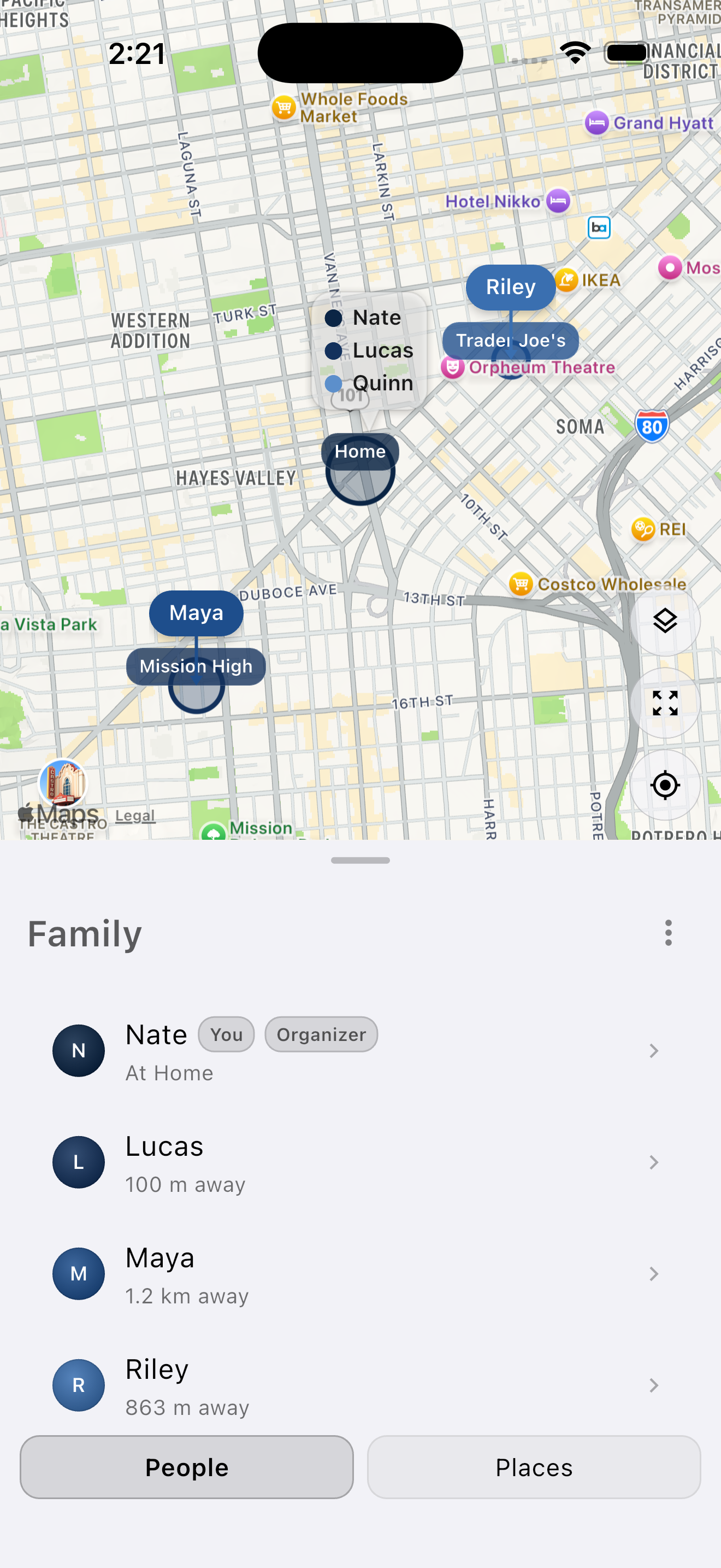Mylo family map on iPhone
