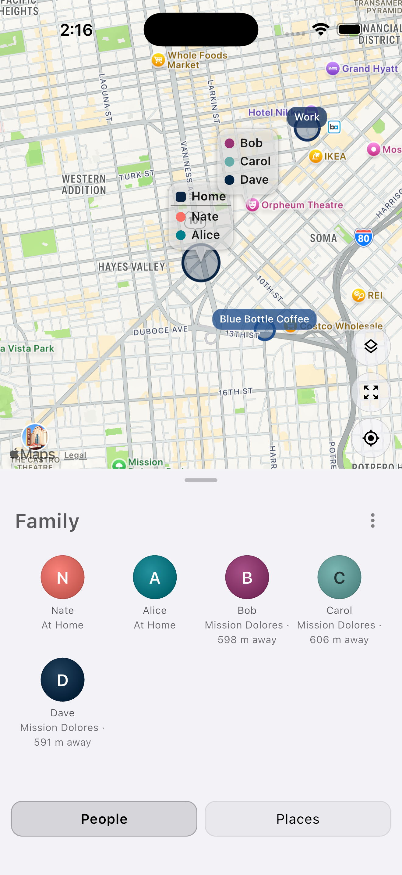 Mylo huddle chip clustering co-located members on the map