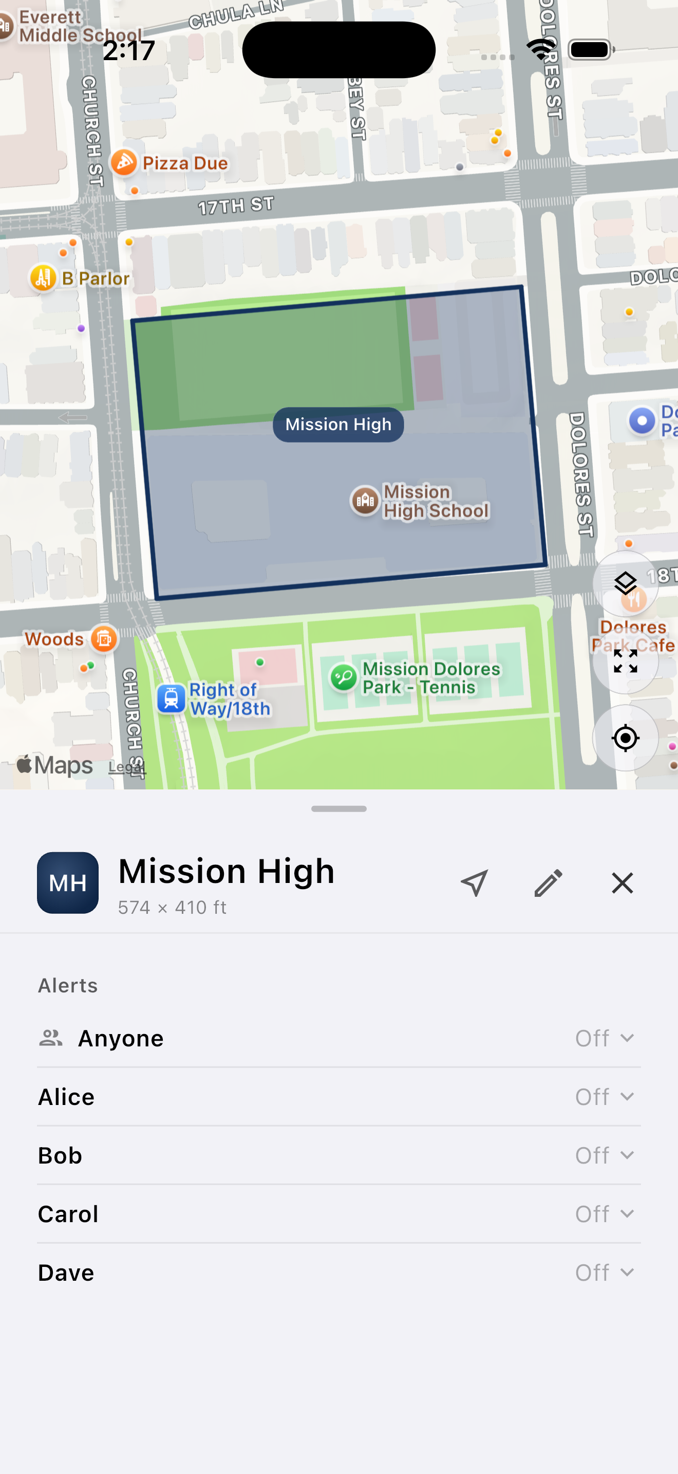 Mylo rectangular geofence for Mission High