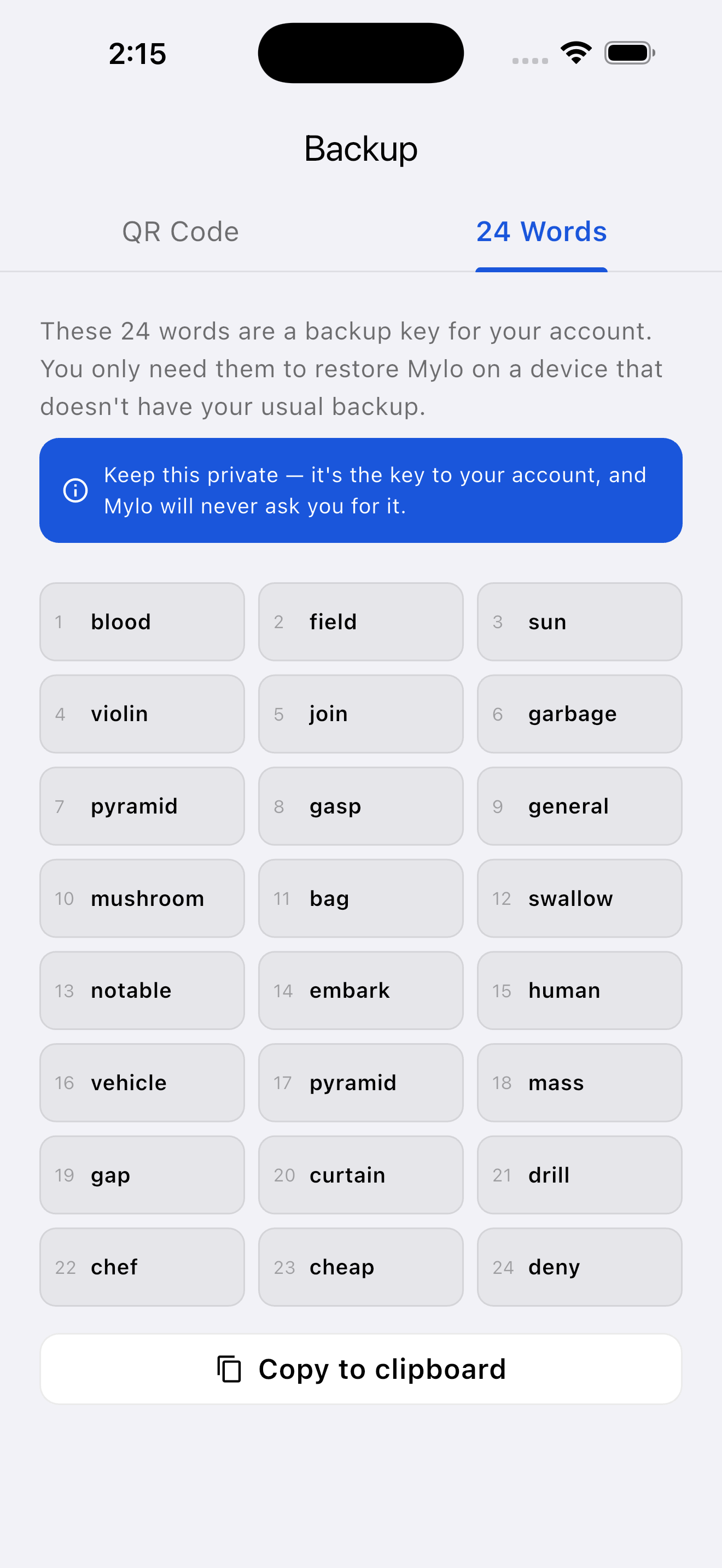 Mylo 24-word recovery phrase backup screen