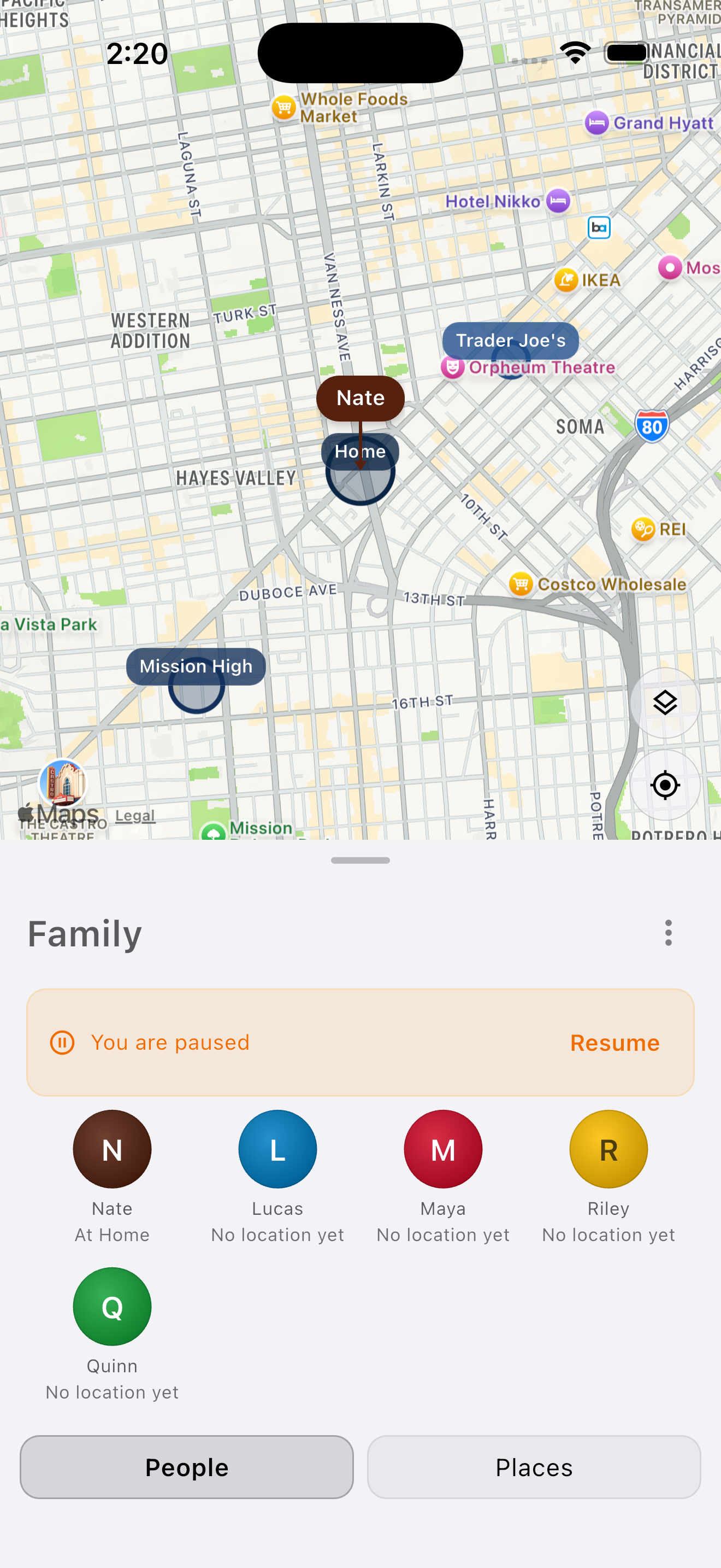Mylo paused banner with resume button on your own map