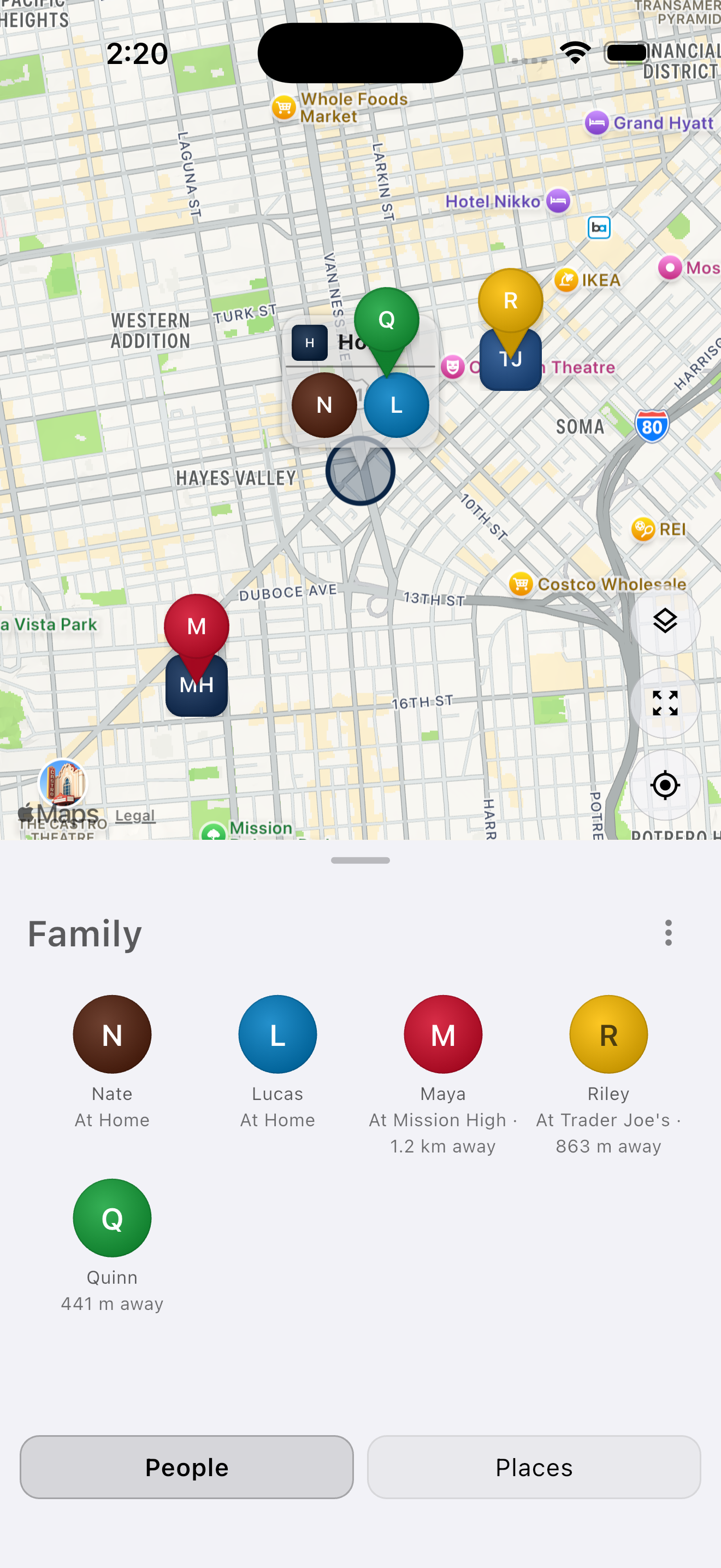 Mylo map showing the whole family as colorful avatar pins