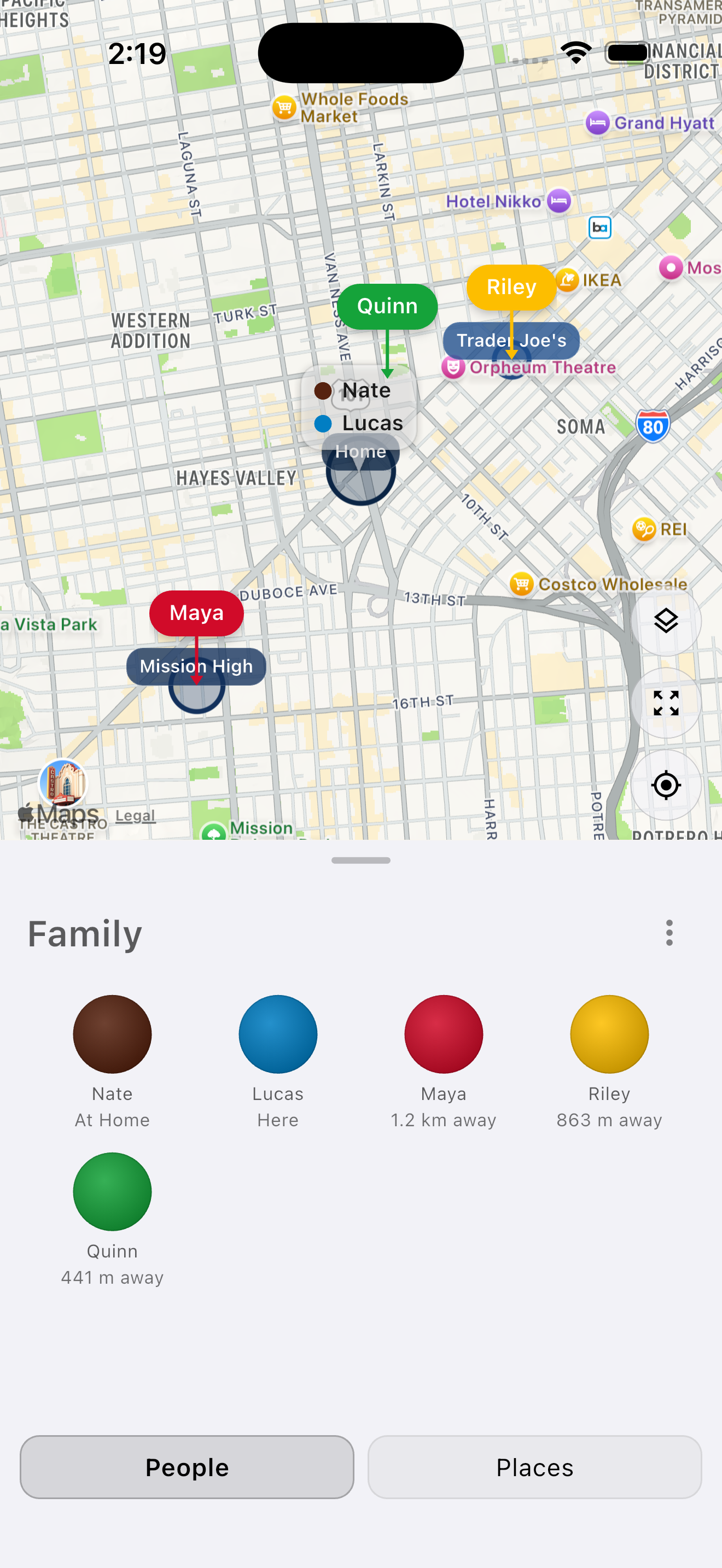 Mylo map view showing family group