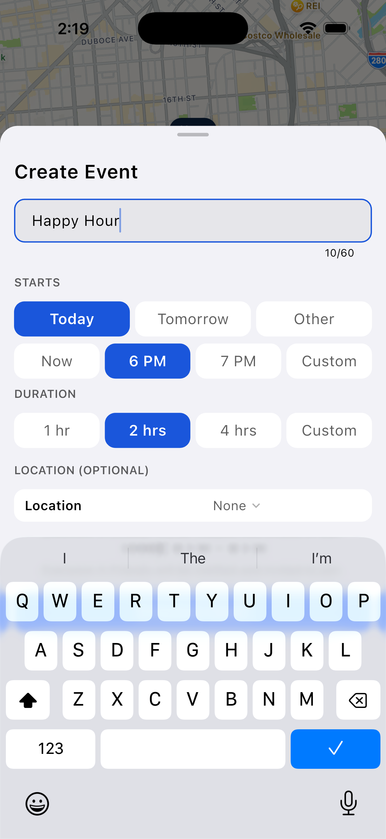 Mylo create event screen