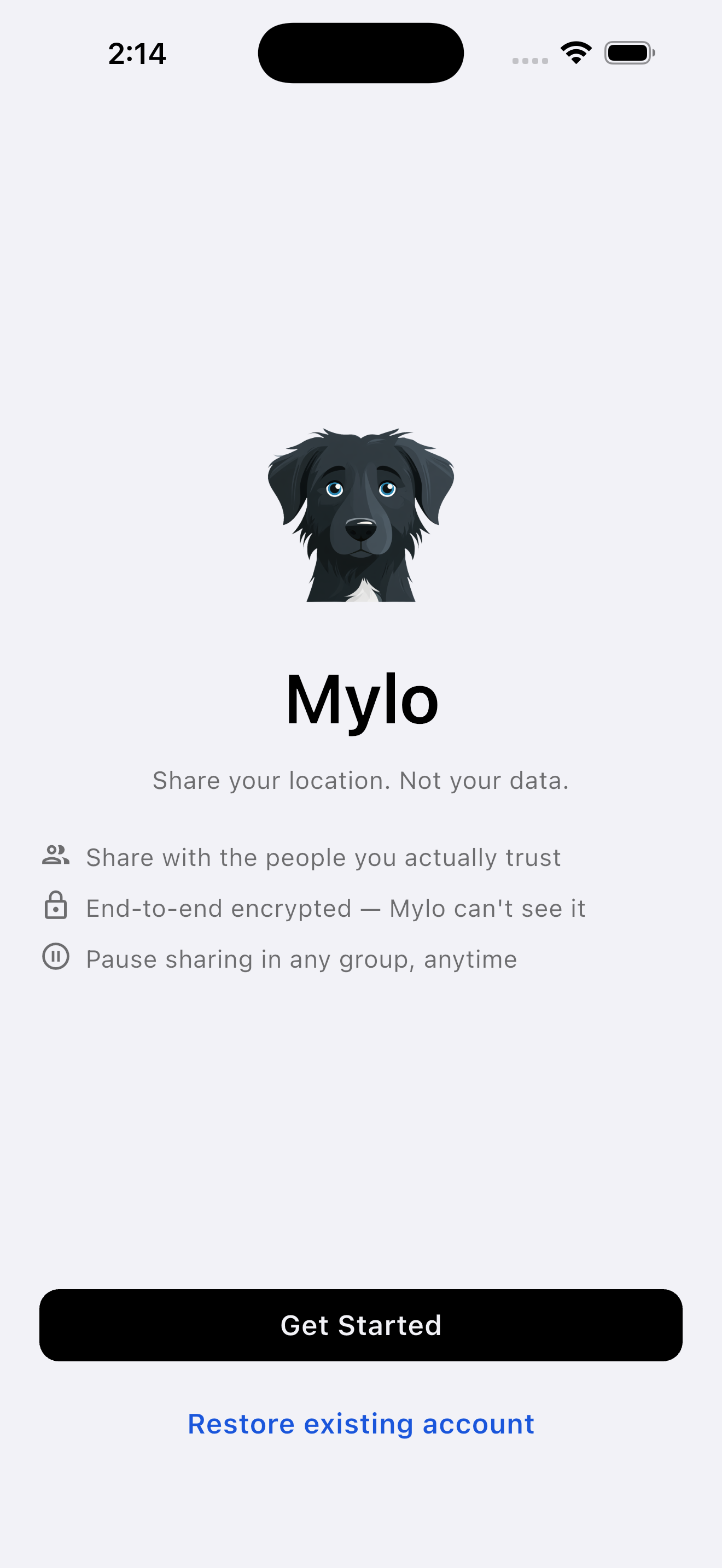 Mylo welcome screen
